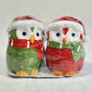Christmas Salt and Pepper Shakers Ceramic Owl Red White Green 3" Tall Sealed